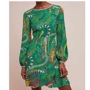Maeve Anthropologie Janis Green Paisley Print Faux Wrap Long Sleeve Dress Sz 0
